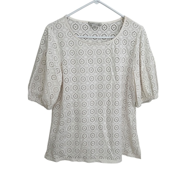 WORTH NY LAZER CUT BLOUSE TOP M EYELET MODERN FEMININE STRETCHY NYLON CASUAL - Picture 1 of 12